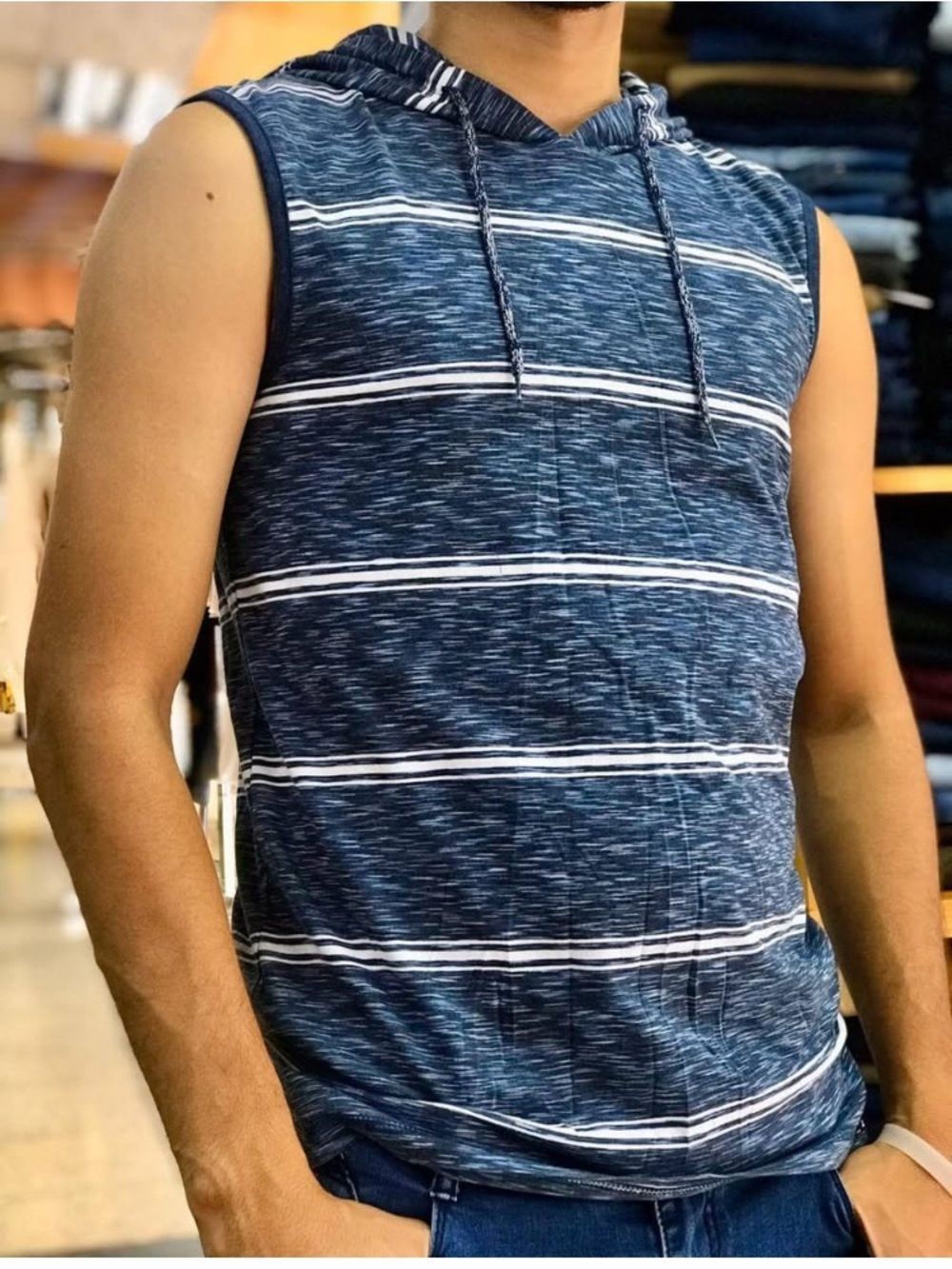 Striped Sleeveless Hoodie Tank Top - Navy Ocean Current Unisex Size M